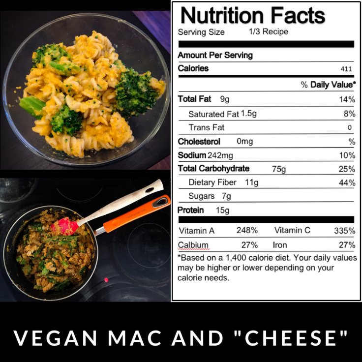 Pictures of Vegan Mac and Cheese and the recipe's Nutrition Facts.