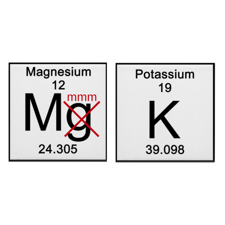 A play on the element abbreviations for magnesium and potassium to spell mmmmK